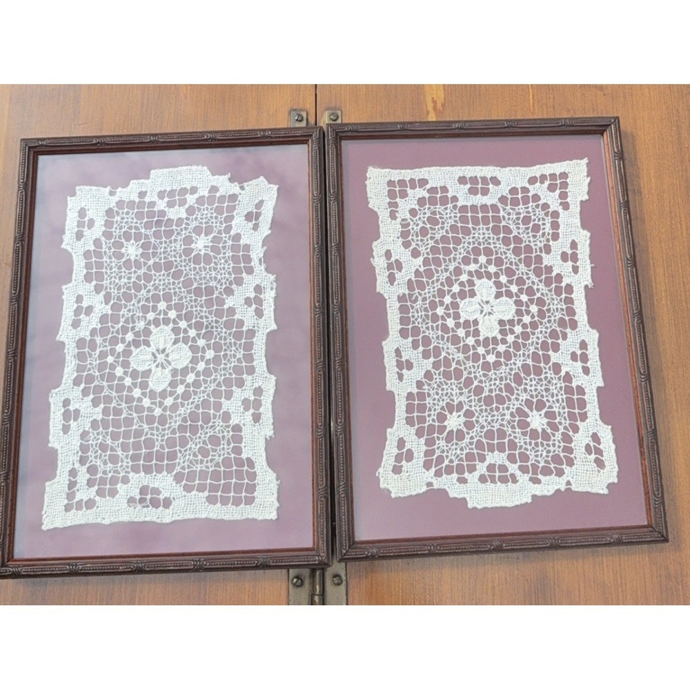 Pair Vintage Doilies Framed Wall Hangings Flower Decor Handcrafted Wall Art